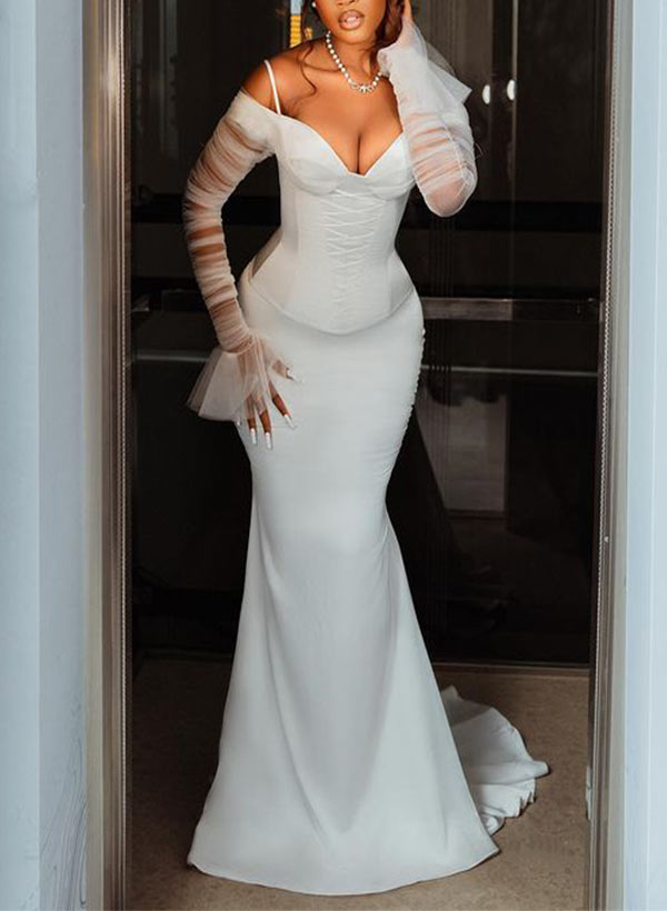 Charmeuse Mermaid Fitted Wedding Dress Long Sleeves Sweep Train-Dbrbridal