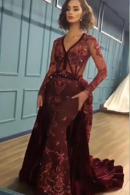 Charming Beading Burgundy Evening Gowns Long Sleeves Prom Dresses with Appliques-Dbrbridal