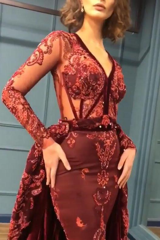Charming Beading Burgundy Evening Gowns Long Sleeves Prom Dresses with Appliques-Dbrbridal