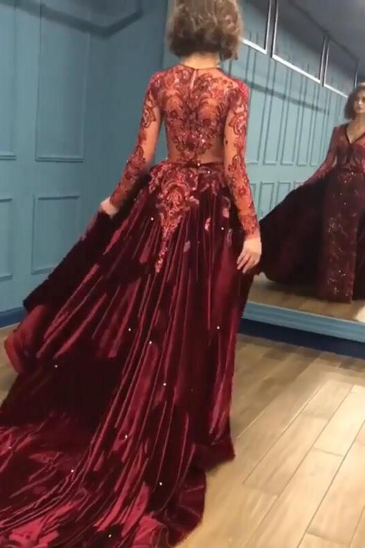 Charming Beading Burgundy Evening Gowns Long Sleeves Prom Dresses with Appliques-Dbrbridal