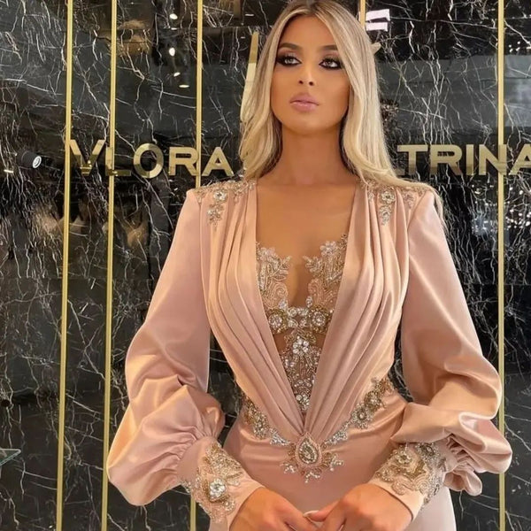 Charming Long Sleeves Mermaid Evening Party Gowns with Appliques-Dbrbridal