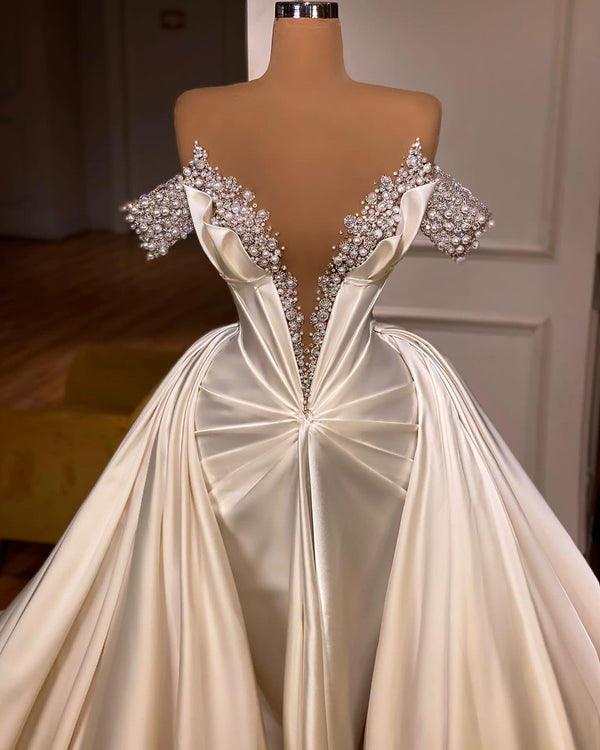 Charming V-Neck Off-the-Shoulder Evening Party Gowns with Beads-Dbrbridal