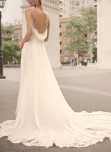 Chic A-line Cowl Neck Sleeveless Chiffon Court Train Wedding Dress Appliques Lace-Dbrbridal