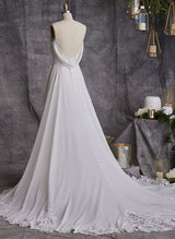 Chic A-line Cowl Neck Sleeveless Chiffon Court Train Wedding Dress Appliques Lace-Dbrbridal
