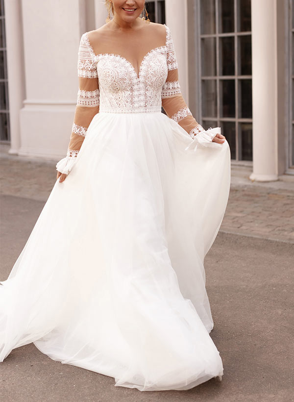 Chic A-line Elegant Sweetheart Long Sleeves Wedding Dresses for Plus Size-Dbrbridal