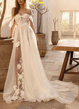 Chic A-line Elegant Sweetheart Sleeveless Court Train Chiffon Wedding Dresses Lace Appliques-Dbrbridal