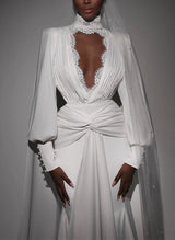 Chic A-line Halter Long Sleeves Sweep Train Wedding Dresses Lace-Dbrbridal