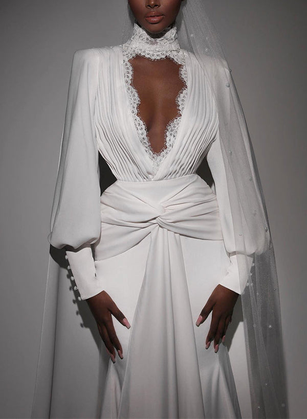 Chic A-line Halter Long Sleeves Sweep Train Wedding Dresses Lace-Dbrbridal