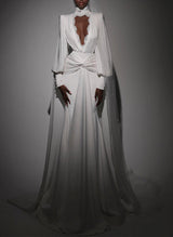 Chic A-line Halter Long Sleeves Sweep Train Wedding Dresses Lace-Dbrbridal