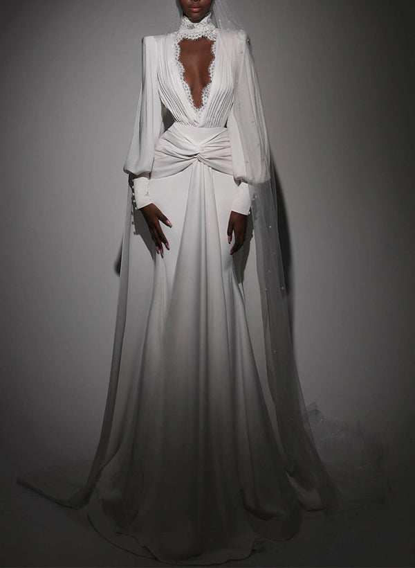 Chic A-line Halter Long Sleeves Sweep Train Wedding Dresses Lace-Dbrbridal