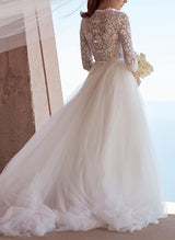 Chic A-line High Neck 3 4 Sleeves Lace Tulle Wedding Dresses Bows-Dbrbridal