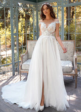 Chic A-line Illusion Neck Lace Tulle Wedding Dresses Appliques Lace-Dbrbridal