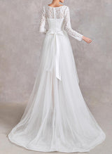 Chic A-line Illusion Neck Long Sleeves Detachable Lace Wedding Dresses-Dbrbridal