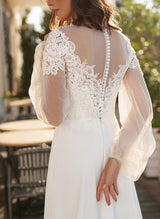 Chic A-line Illusion Neck Long Sleeves Tulle Wedding Dresses Appliques Lace-Dbrbridal