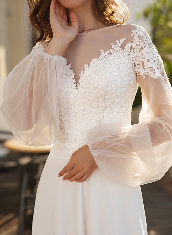 Chic A-line Illusion Neck Long Sleeves Tulle Wedding Dresses Appliques Lace-Dbrbridal