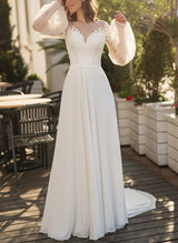 Chic A-line Illusion Neck Long Sleeves Tulle Wedding Dresses Appliques Lace-Dbrbridal