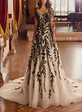 Chic A-line Long Sleeves Court Train Lace Wedding Dresses-Dbrbridal