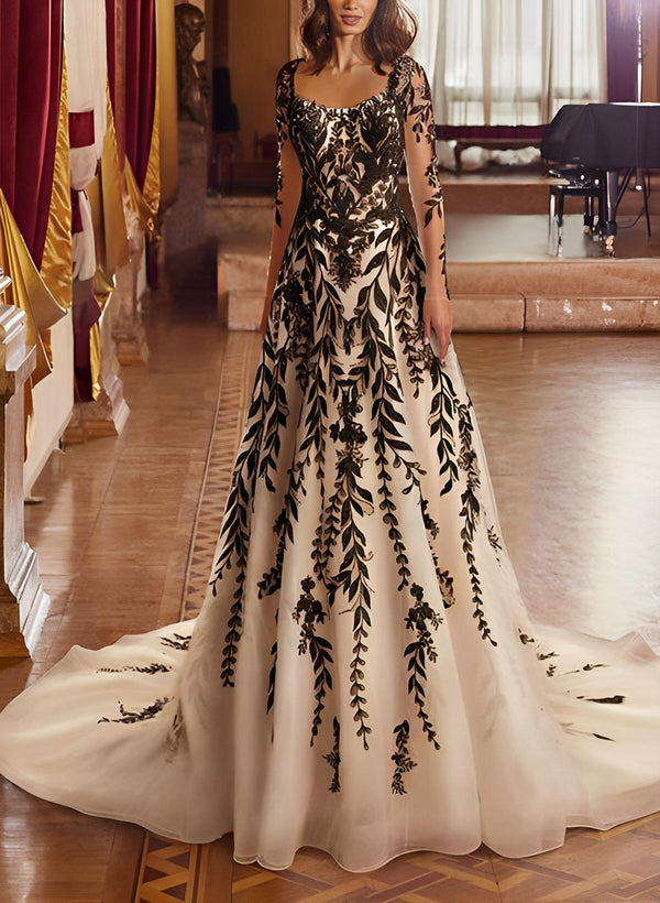 Chic A-line Long Sleeves Court Train Lace Wedding Dresses-Dbrbridal