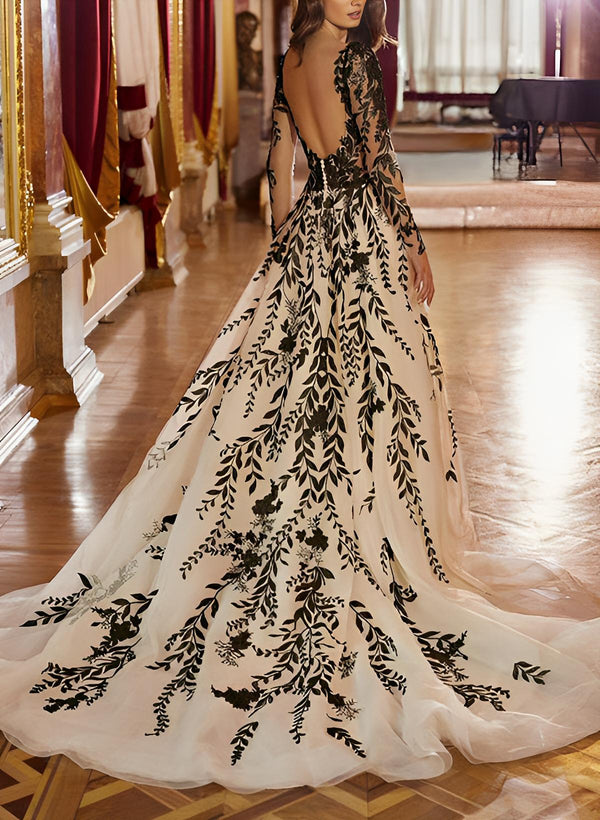 Chic A-line Long Sleeves Court Train Lace Wedding Dresses-Dbrbridal