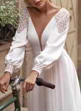Chic A-line Long Sleeves Sweep Train Chiffon Wedding Dresses Lace-Dbrbridal