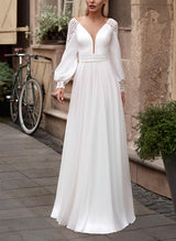 Chic A-line Long Sleeves Sweep Train Chiffon Wedding Dresses Lace-Dbrbridal