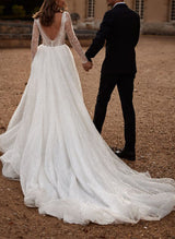 Chic A-line Long Sleeves Sweep Train Lace Sequined Wedding Dresses-Dbrbridal