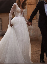 Chic A-line Long Sleeves Sweep Train Lace Sequined Wedding Dresses-Dbrbridal