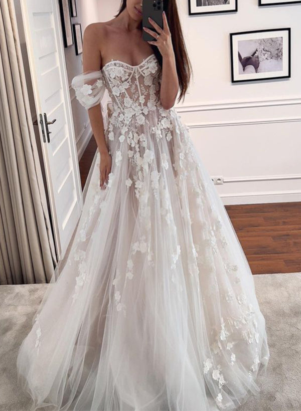 Chic A-line Off-The-Shoulder Tulle Wedding Dresses Appliques Lace-Dbrbridal