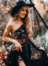 Chic A-line One-Shoulder Long Sleeves Sweep Train Lace Wedding Dresses-Dbrbridal