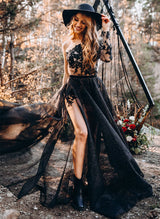 Chic A-line One-Shoulder Long Sleeves Sweep Train Lace Wedding Dresses-Dbrbridal