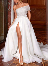 Chic A-line One Shoulder Sleeveless Organza Wedding Dress Split Front-Dbrbridal