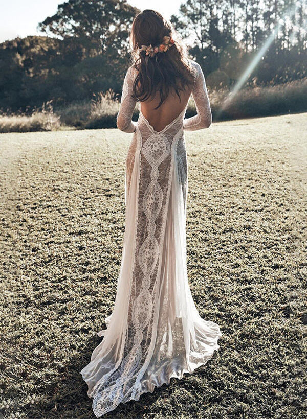 A-Line/Princess Scoop Neck Long Sleeves Floor-length Lace Wedding Dress with Appliques