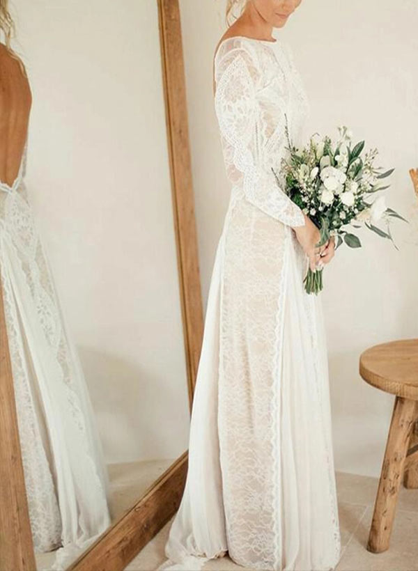 A-Line/Princess Scoop Asymmetrical Lace Wedding Dress