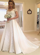 Chic A-line Princess V-Neck Short Sleeve Lace Satin Chapel Train Wedding Dress Lace-Dbrbridal
