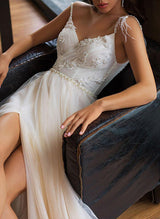 Chic A-line Princess V Neck Tulle Lace Sweep Train Wedding Dresses Front Split Lace-Dbrbridal