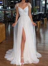 Chic A-line Princess V Neck Tulle Lace Sweep Train Wedding Dresses Front Split Lace-Dbrbridal