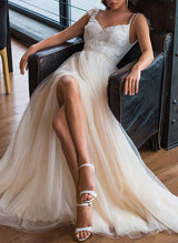 Chic A-line Princess V Neck Tulle Lace Sweep Train Wedding Dresses Front Split Lace-Dbrbridal