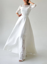 Chic A-line Scoop Neck 3 4 Sleeves Floor-Length Lace Wedding Dresses-Dbrbridal