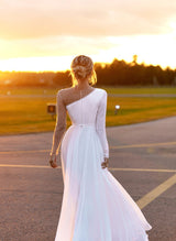 Chic A-line Scoop Neck Long Sleeves Chiffon Sweep Train Wedding Dress Beaded-Dbrbridal