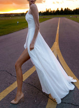 Chic A-line Scoop Neck Long Sleeves Chiffon Sweep Train Wedding Dress Beaded-Dbrbridal