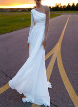 Chic A-line Scoop Neck Long Sleeves Chiffon Sweep Train Wedding Dress Beaded-Dbrbridal
