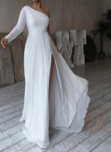 Chic A-line Scoop Neck Long Sleeves Chiffon Sweep Train Wedding Dress Beaded-Dbrbridal