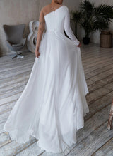 Chic A-line Scoop Neck Long Sleeves Chiffon Sweep Train Wedding Dress Beaded-Dbrbridal