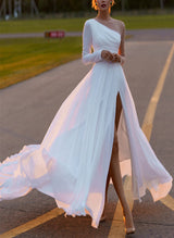 Chic A-line Scoop Neck Long Sleeves Chiffon Sweep Train Wedding Dress Beaded-Dbrbridal
