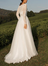 Chic A-line Scoop Neck Long Sleeves Lace Tulle Wedding Dresses Front Split-Dbrbridal