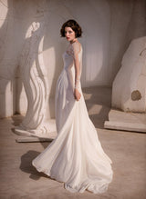 Chic A-line Scoop Neck Long Sleeves Sweep Train Wedding Dresses Front Split-Dbrbridal