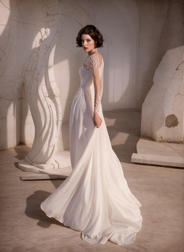 Chic A-line Scoop Neck Long Sleeves Sweep Train Wedding Dresses Front Split-Dbrbridal