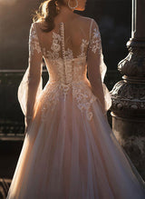 Chic A-line Scoop Neck Long Sleeves Tulle Lace Wedding Dresses Appliques Lace Pleated-Dbrbridal