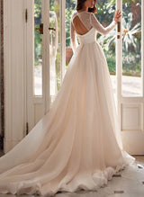 Chic A-line Square Neckline Long Sleeves Chiffon Wedding Dresses High Split-Dbrbridal