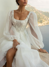 Chic A-line Square Neckline Long Sleeves Lace Tulle Wedding Dresses-Dbrbridal